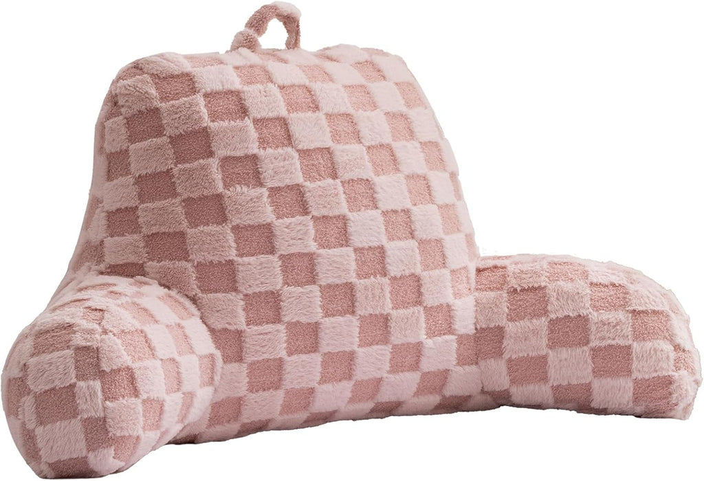 Aimuan Reading Pillow Checkered Bed Rest Wedge Backrest Checkerboard Pillow with Arms Back Support for Sitting Up in Bed Cushion Incline Rest Sleeping Snoring Pillow, Pink