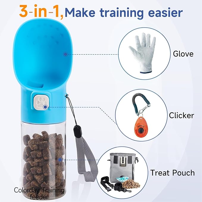Colorday Handheld Dog Treat Dispenser Built-in Clicker & Treat Pouch, Slow Feeder for Puppy Training Walking Hiking Traveling (10 OZ, Blue)