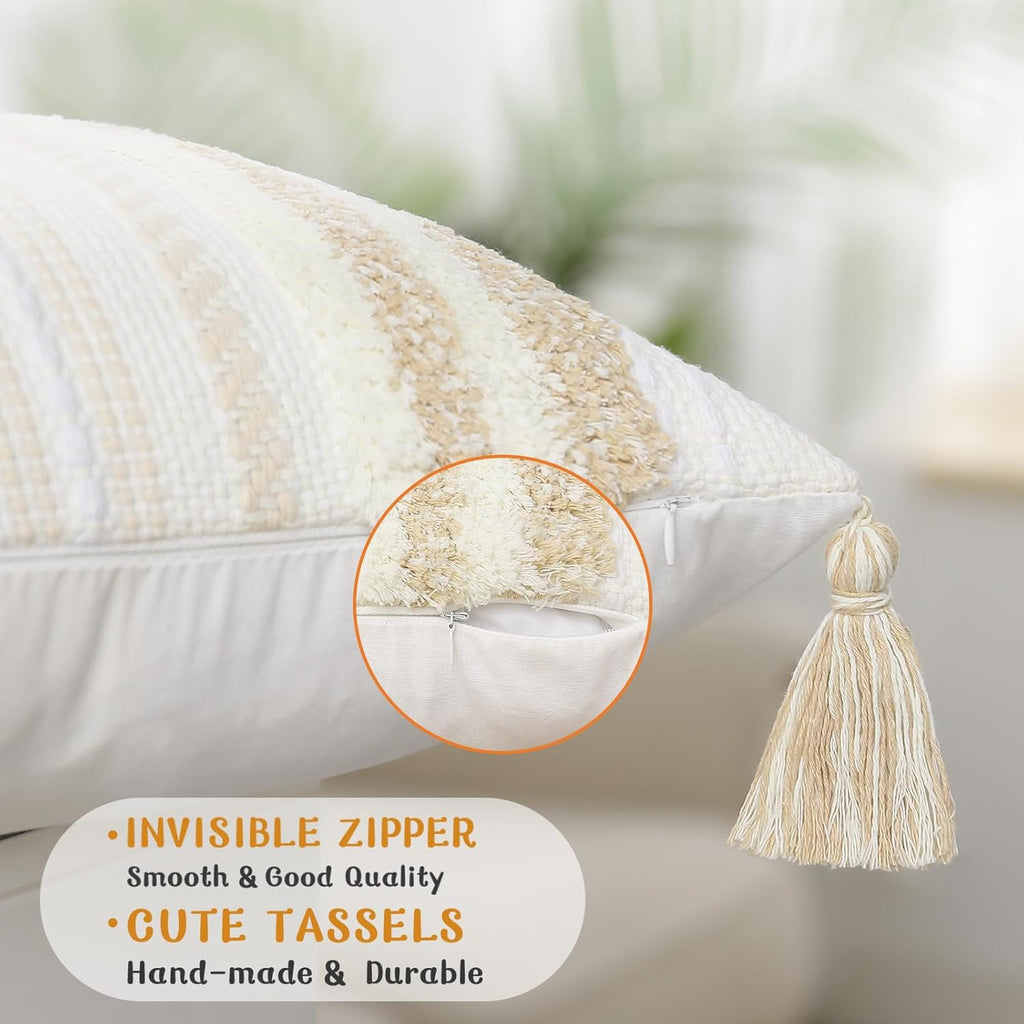 decorUhome Decorative Boho Throw Pillow Covers 20x20 Set of 2, Accent Neutral Textured Tufted Pillow Covers Striped for Couch Bed Sofa Living Room, Khaki and Cream White