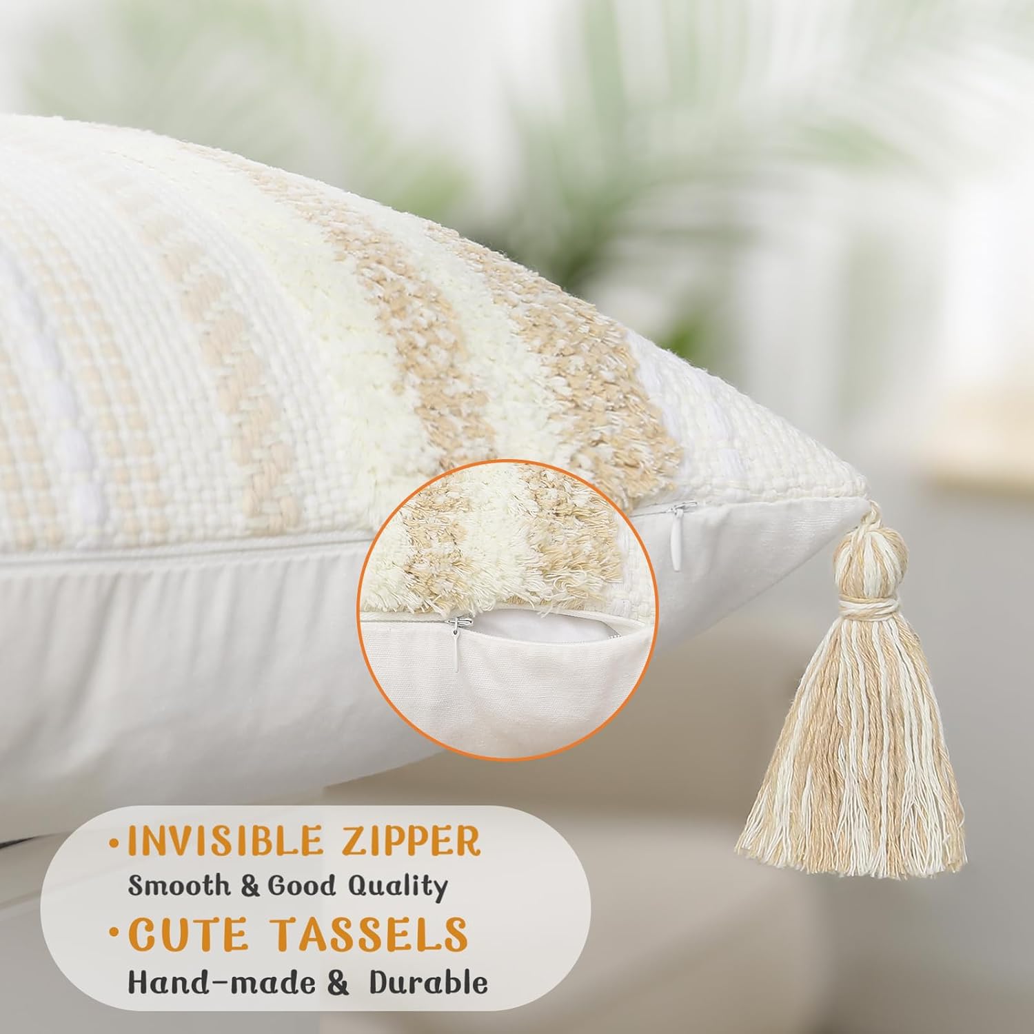 decorUhome Decorative Boho Throw Pillow Covers 20x20 Set of 2, Accent Neutral Textured Tufted Pillow Covers Striped for Couch Bed Sofa Living Room, Khaki and Cream White