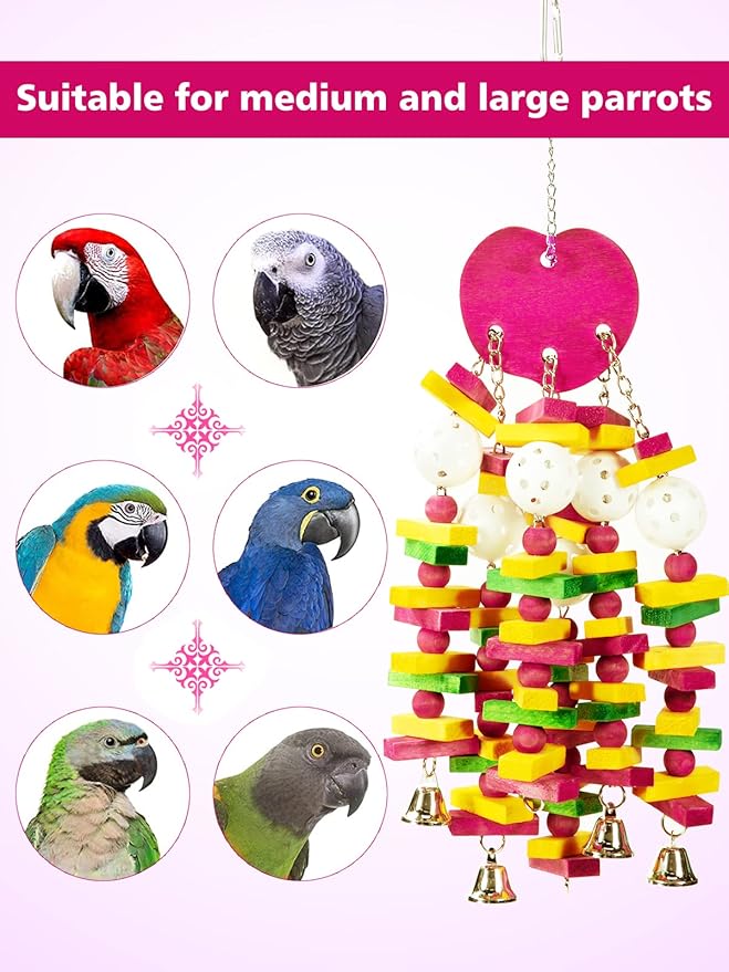 MEWTOGO Bird Toys - Edible Parrots Cage Chew Toy Gift with Bells and Safe Colorful Wood Blocks Beads for Macaws African Grey and Amazon Parrots (Peach Style)
