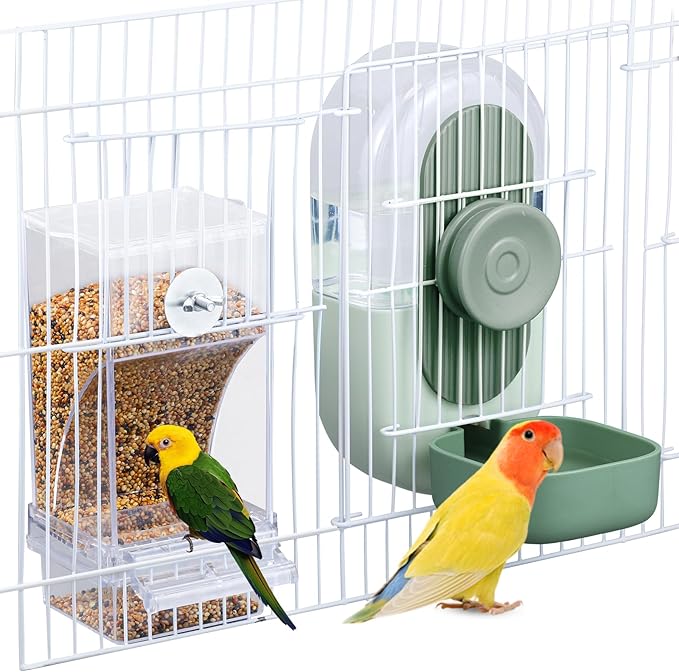 No Mess Bird Feeder & Water Dispenser Set - Automatic Feeding & Hydration, Parakeet Cage Accessories for Parrots, Cockatiels, Finches, Lovebirds & Budgies