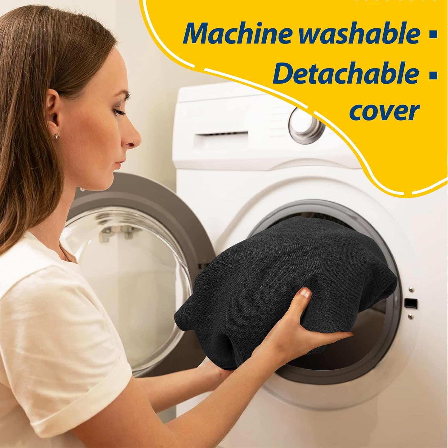 AAAAAcessories D-Shaped Chair Cushions, 2" Thick Dining Chair Pads with Ties and Removable, Machine-Washable Cover, 17" x 16", Set of 8, Black