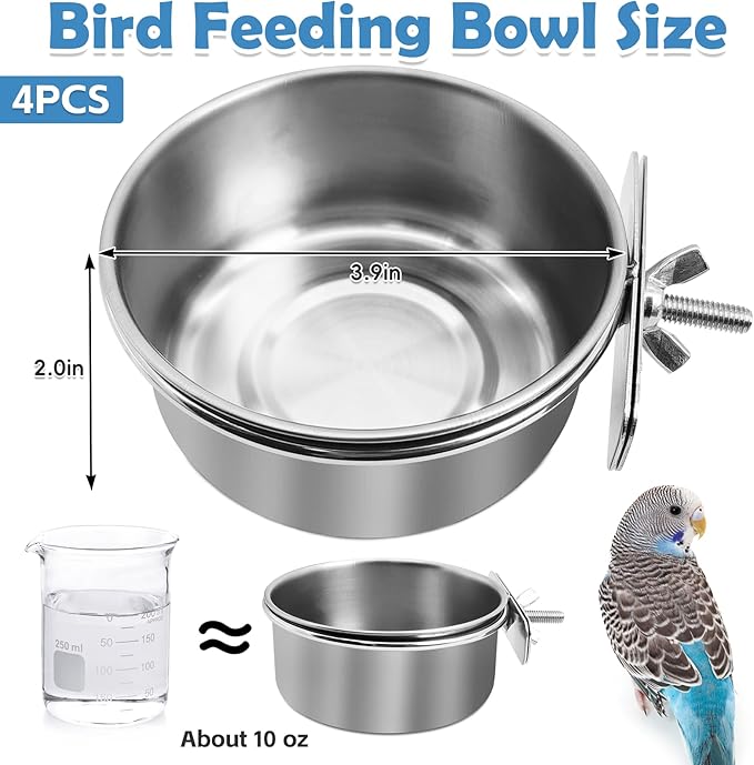 kathson 4 Pack Bird Feeding Dish Cups, Stainless Steel Parrot Feeders Water Cage Bowls with Clamp Holder Bird Feeders for Parakeet Cockatiels Conure Budgies Lovebird Finch and Small Animals