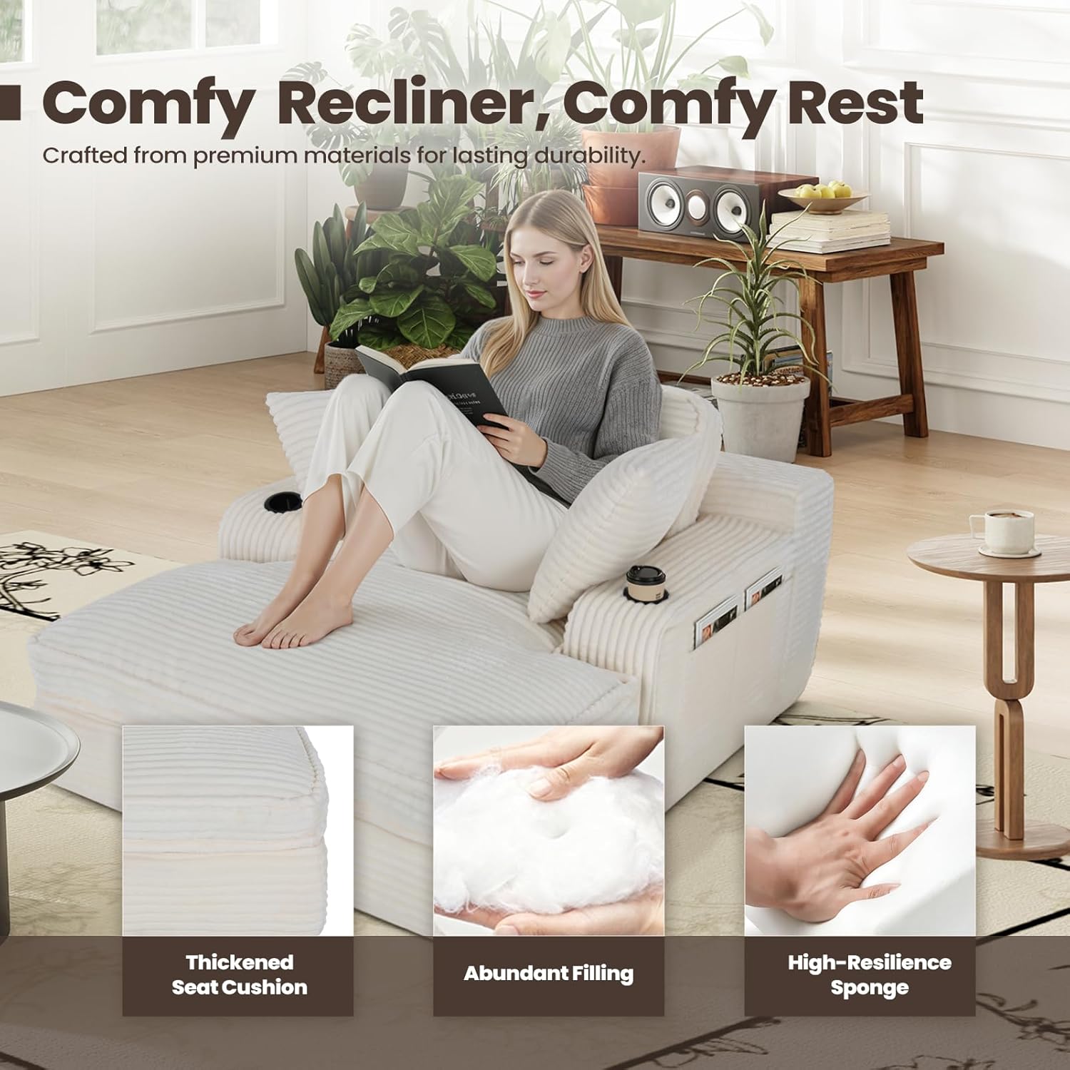 67" Chaise Lounge Chair Indoor, Cozy Oversized Fluffy Sofa with Cup Holders & Throw Pillows, Boneless Sleeper Cloud Couch for Living Room, Movie Room and Apartments, Beige