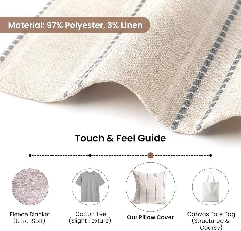 AELS 26x26 Decorative Farmhouse Linen Throw Pillow Covers, Boho Textured Pillow Case, Set of 2, Beige with White & Gray Stitch Yarn Dyed Stripe Cushion Cover for Sofa Couch Living Room (Cover ONLY)