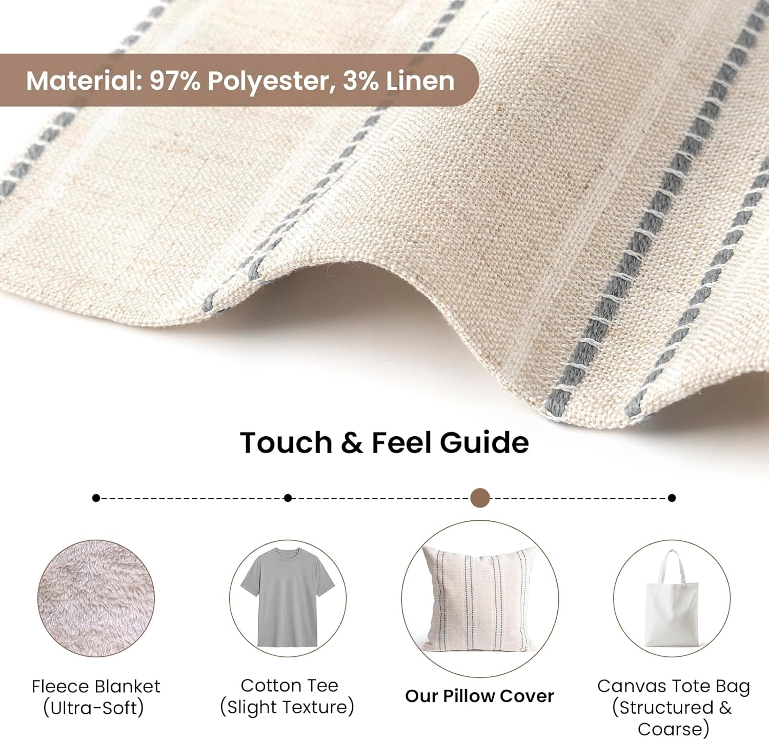 AELS 26x26 Decorative Farmhouse Linen Throw Pillow Covers, Boho Textured Pillow Case, Set of 2, Beige with White & Gray Stitch Yarn Dyed Stripe Cushion Cover for Sofa Couch Living Room (Cover ONLY)