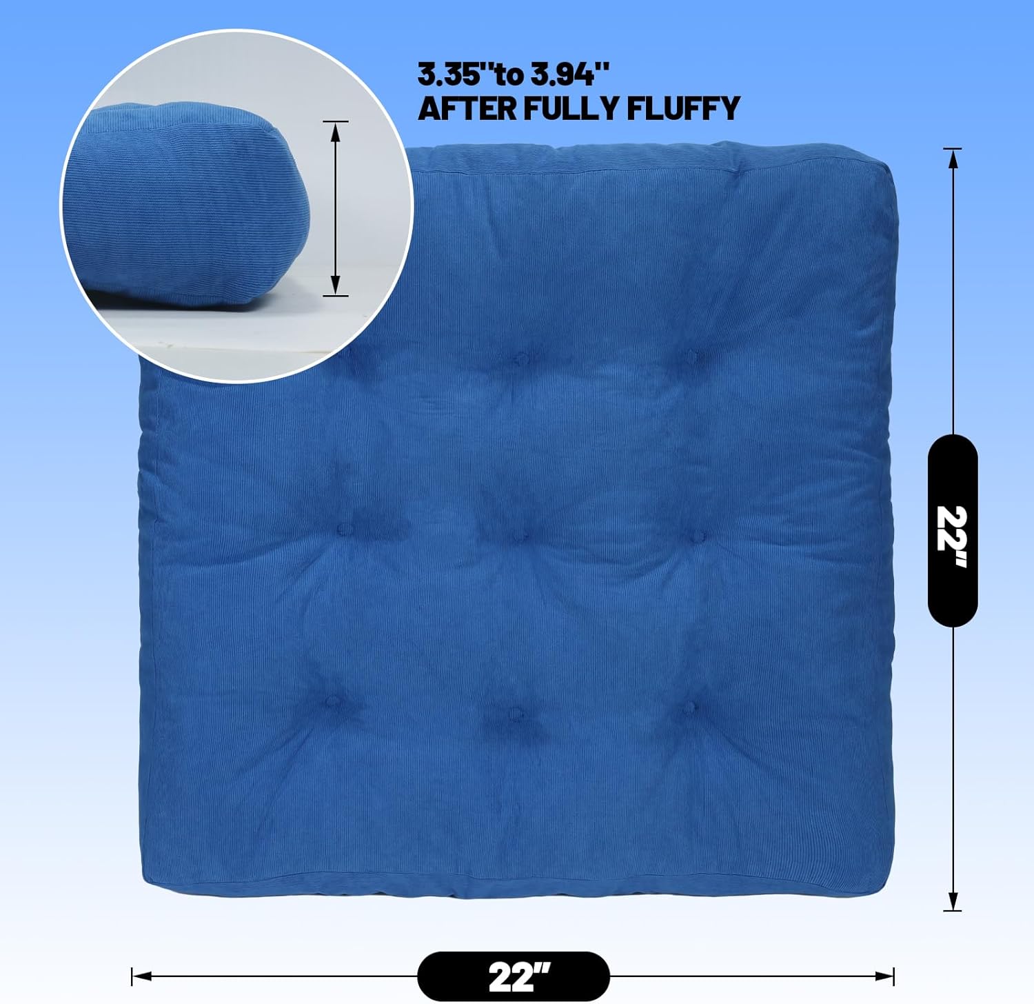 Meditation Floor Pillow Set of 2, Square Large Pillows Seating for Adults, Tufted Corduroy Cushion for Tatami Living Room, 22x22 Inch FP-Dblue