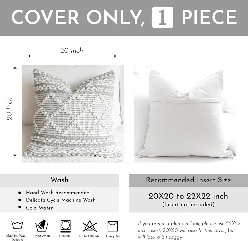 BlissBlush Gray White Decorative Throw Pillow Cover 20X20, Boho Accent Pillow for Couch, Square Modern Farmhouse Pillowcase for Living Room Couch Sofa Cushion Home Décor (Pack of 1)