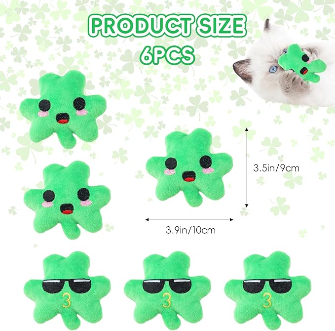 6pcs St. Patrick's Day Shamrock Catnip Toy，Indoor Shamrock Shaped Cat Toy Plush Interactive Chew Bite Toys for Cat Kitten Indoor Festive Holiday Cat Lover Gift