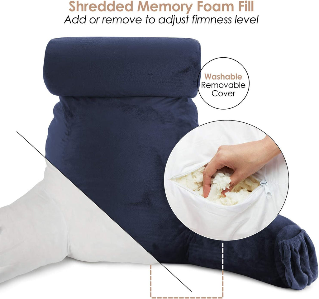 Nestl Reading Pillow with Shredded Memory Foam Includes 2 Neck and Lumber Support Pillows, Designed for Sitting Up in Bed and Couch, Back and Arms Adjustable Support for Adult & Teens, Navy Blue