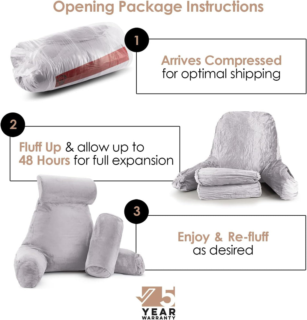 Nestl Reading Pillow with Shredded Memory Foam Includes 2 Neck and Lumber Support Pillows, Designed for Sitting Up in Bed and Couch, Back and Arms Adjustable Support for Adult & Teens, Grey Lavender