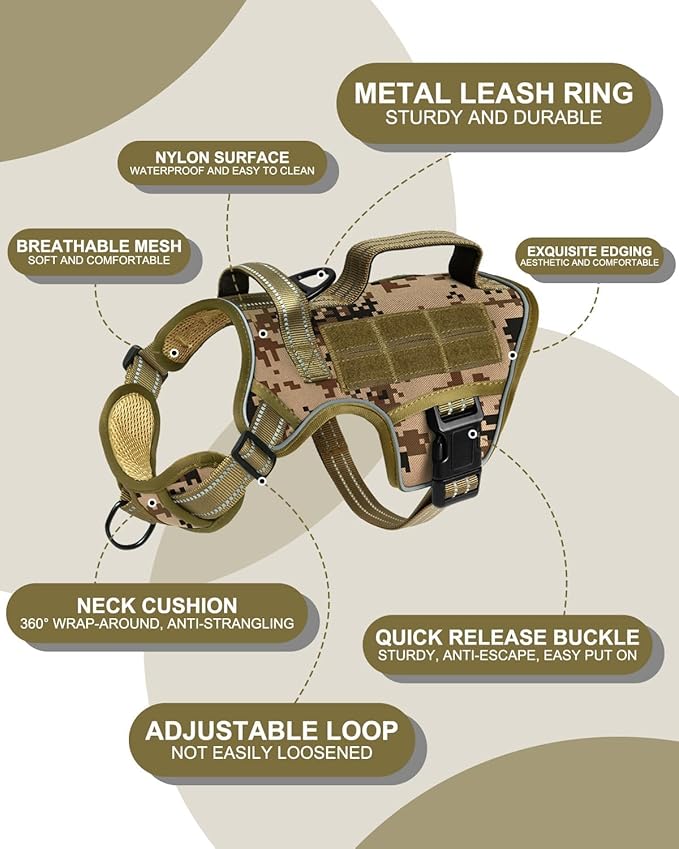Small Dog Harness, Heavy Duty Tactical No Pull Dog Harness, No Choke, Easy On and Off Pet Vest with Molle System, Adjustable Reflective Dog Vest with Breathable Padded for Walking Hiking Training