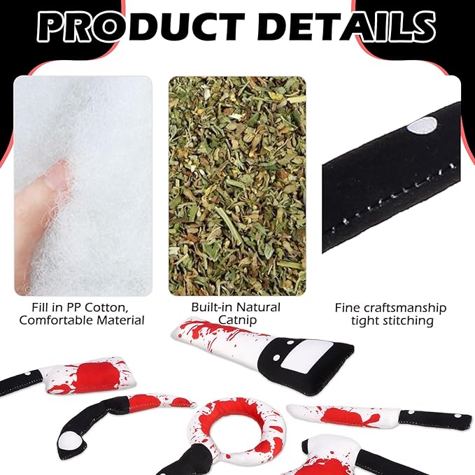 EXPAWLORER Cat Catnip Toys- 6 Pcs Halloween Interactive Stuffed Knife Nip Toy for Indoor Cats, Bite Resistant Chew Toys Teeth Cleaning Gift for Kitten