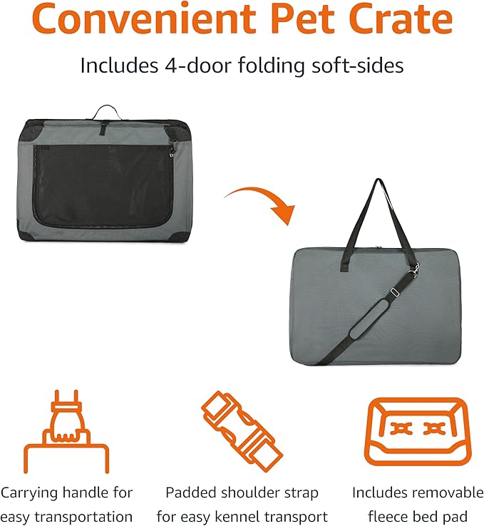 Amazon Basics 4-Doors Portable Soft-Sided Folding Travel Crate Kennel for cat, Dog, and Other Small Animals, Grey, M 30" x 21" x 21"