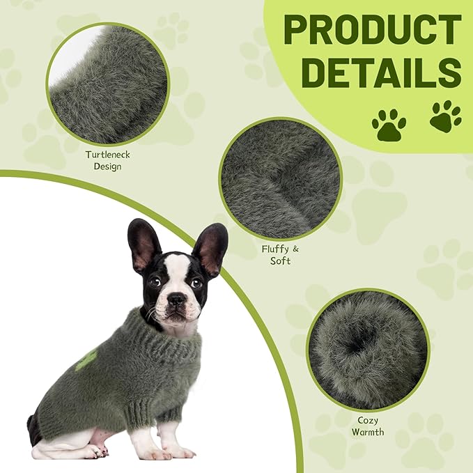 Small Dog Furry Pullover Sweater, Classic Turtleneck Dog Clothes for Cold Weather Cute Warm Pet Clothes for Chihuahua, Bulldog, Dachshund, Pug Green X-Large