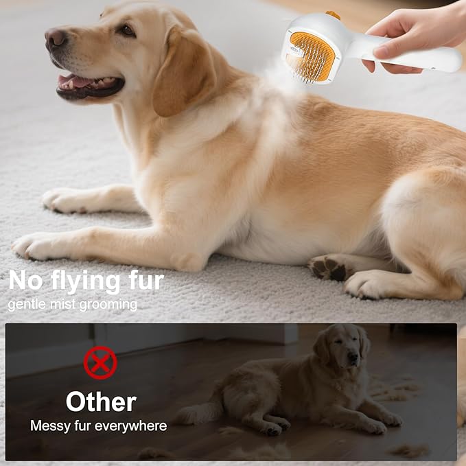 Pet Steam Brush for Dog & Cat - 3-in-1 Steam Grooming Brush for Shedding & Hair Removal - Self Cleaning Spray Comb with Mist for Long Haired Pets - Includes 2*Waterless Shampoo, Yellow