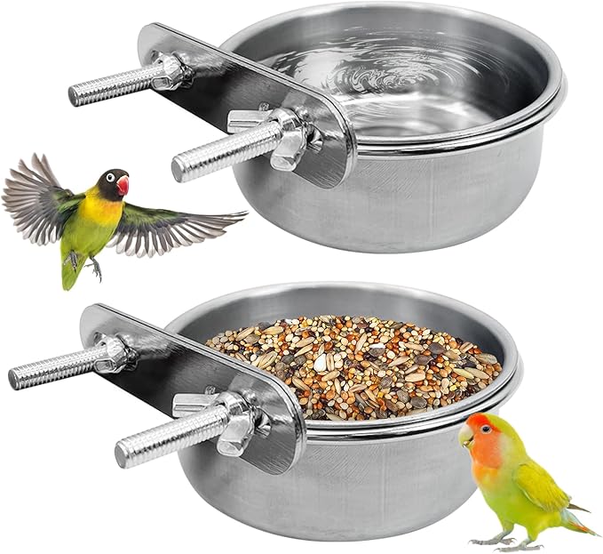 PINVNBY 2PCS Stainless Steel Bird Bowl Parrot Food Water Bowls with Clamp Holder Bird Feeder Dish Cups Crate Bowls for Cockatiel Pigeons Conure Budgies African Greys (Double Screws Size: L)