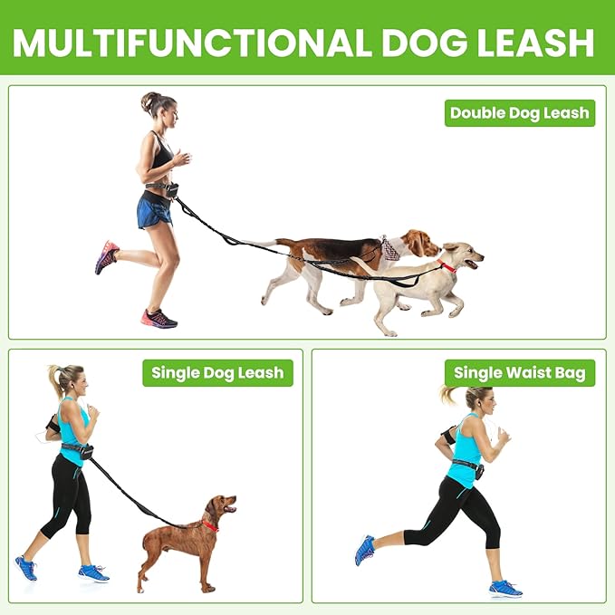 Double Leash for Two Dogs for 2 Dogs with Pouch and 4 Padded Handles for Medium to Large Dogs Running, Walking, Hiking