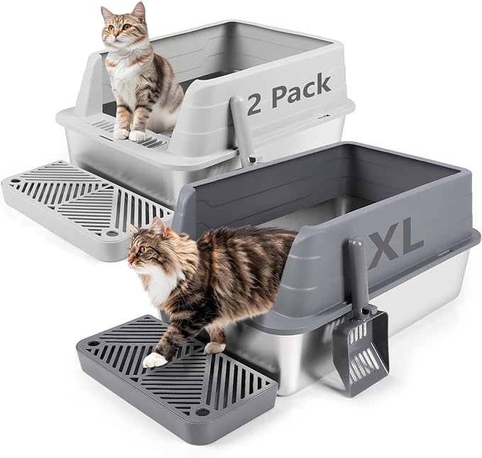 2 Pack Stainless Steel Litter Box, XL 22.9”x15”x 10.3” High Sided Metal Cat Litter Tray with Scoop, Filter Pedal for Anti-Splash, Odor-Free, Non-Sticky, Easy to Clean (Dark Grey&Light Grey)