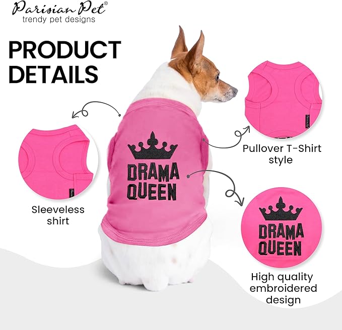 Parisian Pet Dog Tshirt - Embroidered “ Drama Queen “ Tank Top - Breathable and Lightweight Dog Clothes - Sleeveless Pink Tee Shirts - Machine Washable Shirts for Large Dogs Girl - XL
