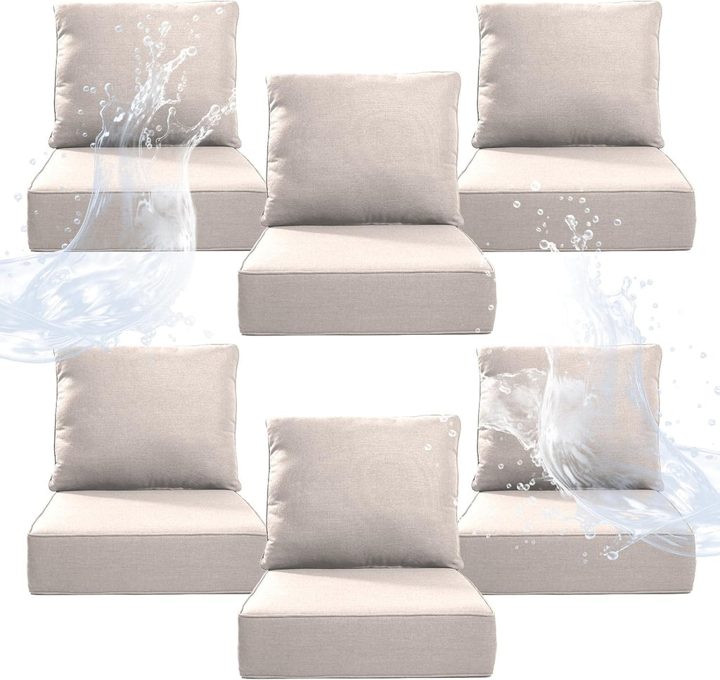 6" Thicker Outdoor Chair Cushion 6 Sets - 24" *24" *6" Waterproof Patio Furniture Cushions with Removable Cover, 28D High Density Sponge Filling Thicken Outdoor Patio Cushions - Beige