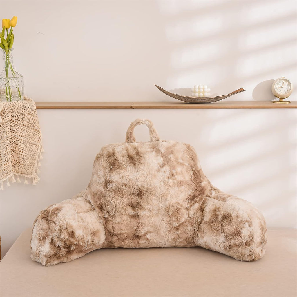 A Nice Night Faux Fur Reading Pillow Bed Wedge Large Adult Children Backrest with Arms Back Support for Sitting Up in Bed/Couch for Bedrest, Tie Dyed Khaki