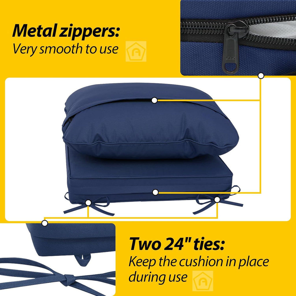 AAAAAcessories Outdoor Deep Seat Cushions, Waterproof, Fade-Resistant Patio Furniture Replacement Cushions, 25.5" x 25.5" x 5" + 25.5" x 19", Set of 4, Navy Blue