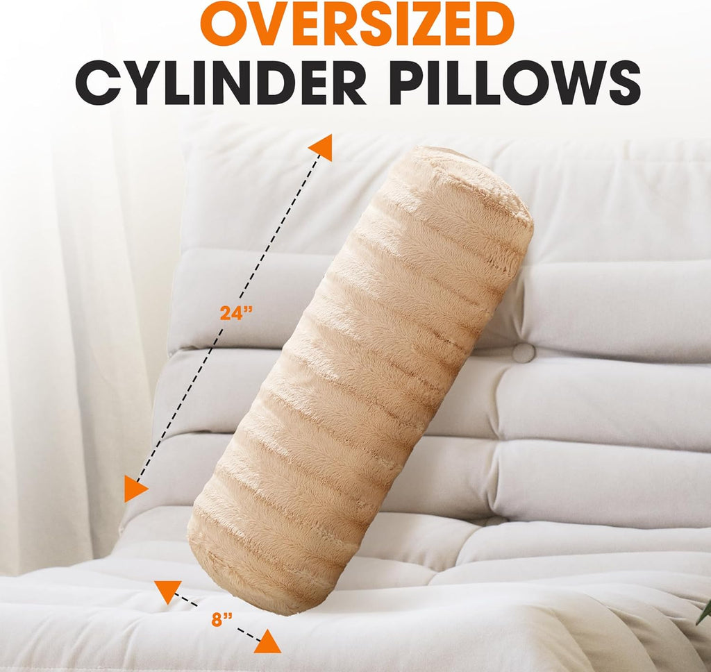 Cheer Collection Faux Fur Bolster Pillows – Soft Decorative Cylinder Pillows for Bed or Couch, Machine Washable – 8” x 24”, Set of 2, Sand