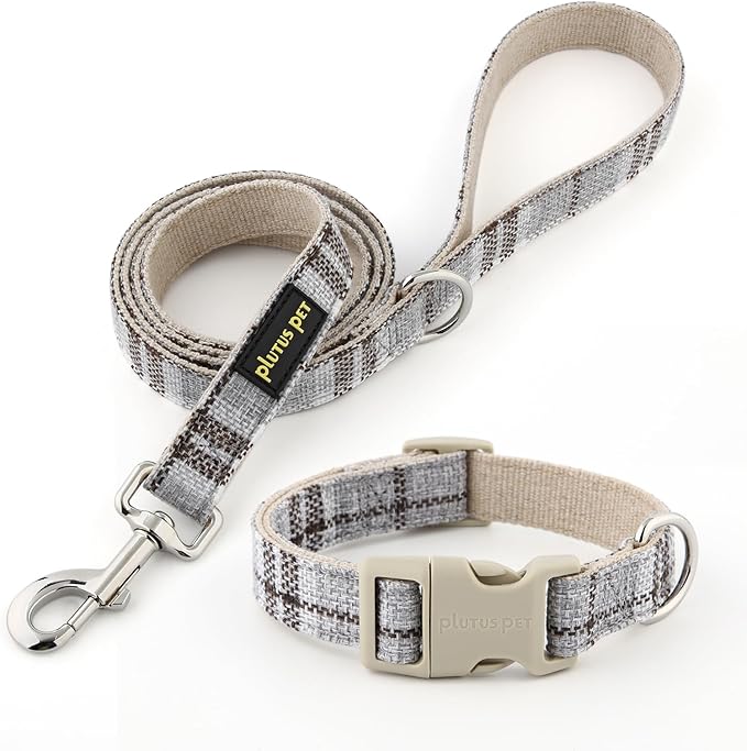 Plutus Pet Cotton Hemp Dog Collar and Leash Set, Adjustable Collar for Small, Medium, and Large Dogs, Heavy Duty and Soft on Skin, Gray Plaid, L