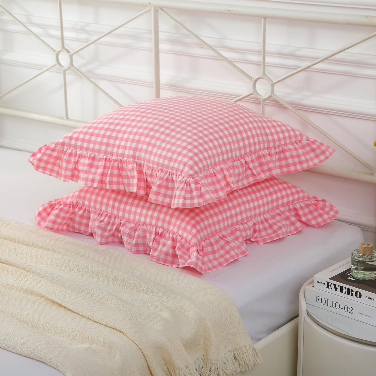 2 Pack Vintage Light Pink Plaid Ruffle Throw Pillow Covers,Washed Cotton Checkered Gingham Pillow Covers 20"x20" for Sofa,Couch,Bed and Living Room