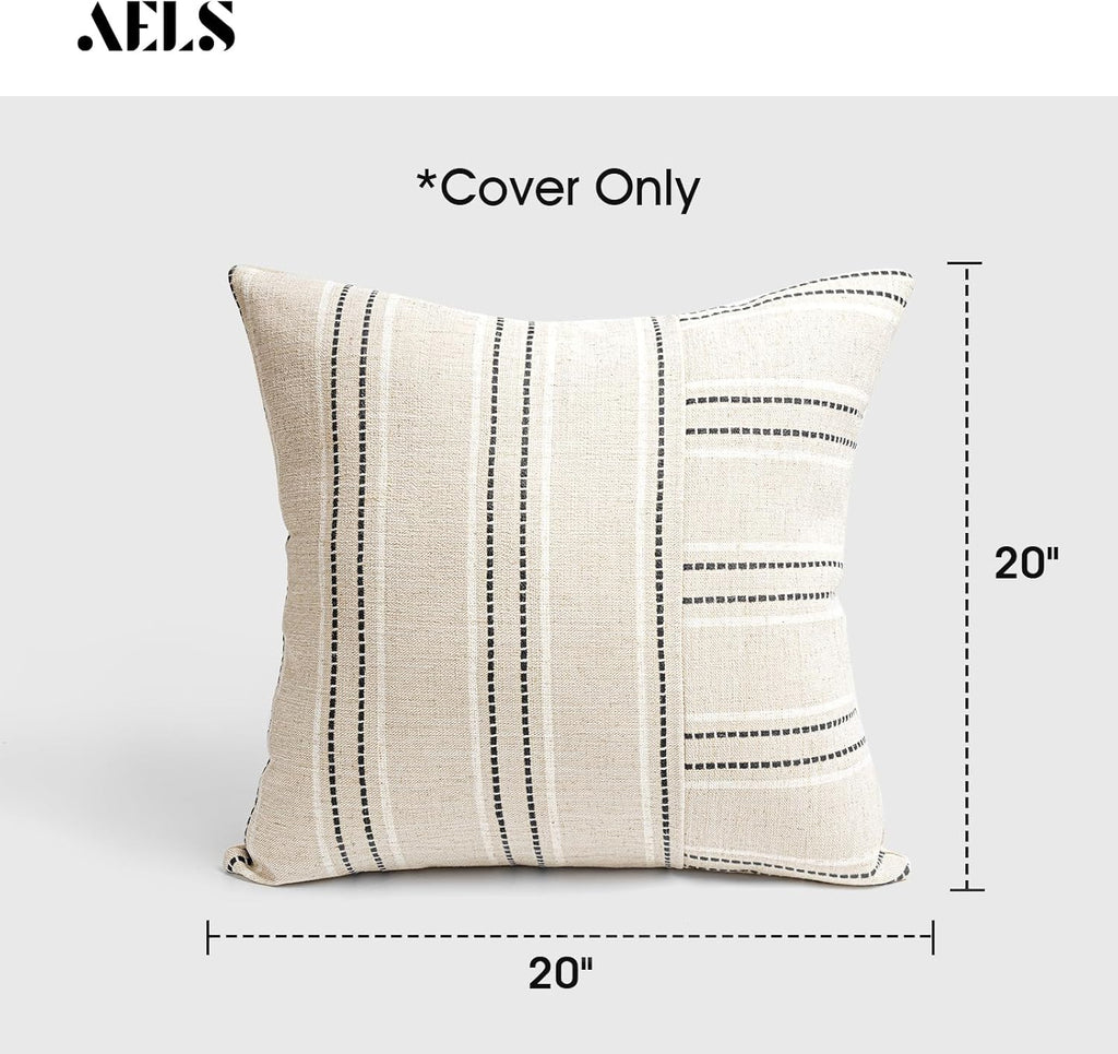 AELS 20x20 Decorative Farmhouse Linen Throw Pillow Covers, Boho Textured Pillow Case, Set of 2, Beige with White & Black Stripe Patchwork Cushion Cover for Sofa Couch Living Room (Cover ONLY)