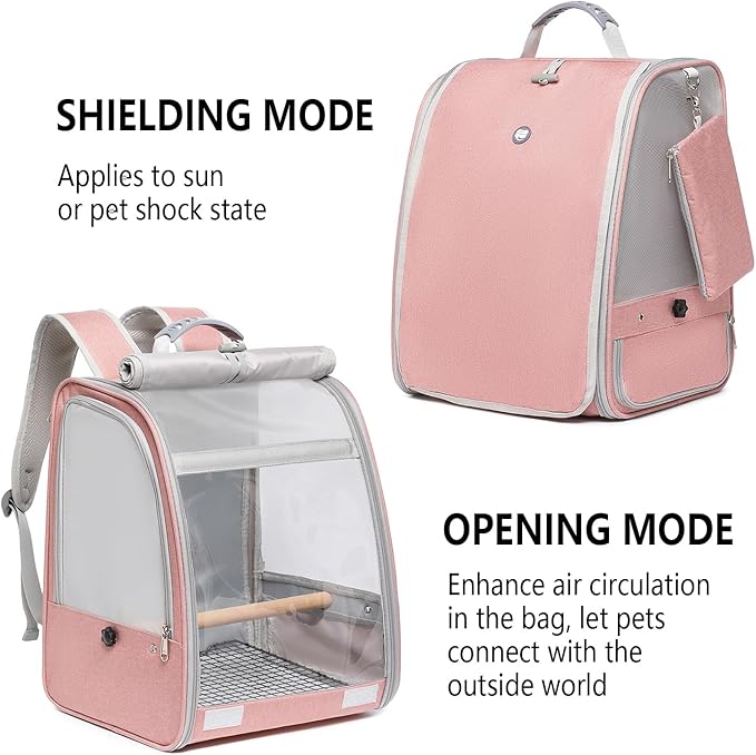 Bird Carrier Backpack, Portable Travel Bird Cage with Standing Perch, 2 Feeder Cups, Iron Mesh Stand & Removable Tray Lightweight, Breathable Mesh Window for Parrot Carrier，Easy Clean (Pink)