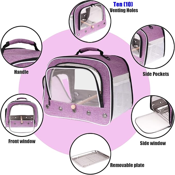 halinfer Bird Travel Carrier Cage for Large Size Parrot, Portable Bag with Metal Tray and Grid to Carry and Transport Medium and Large Birds Like African Grey, Long Tail Cockatiel and Parrot