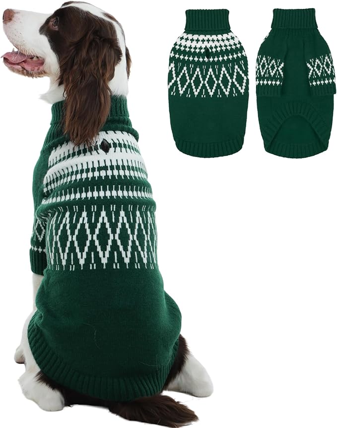 FUAMEY Thick Dog Sweaters with Leash Hole, Extra Large Warm Christmas Doggy Knit Sweater, Cozy Pullovers Dogs Clothes Cold Weather, Thermal Pet Winter Turtle Neck Snow Outfit (Green, XL)