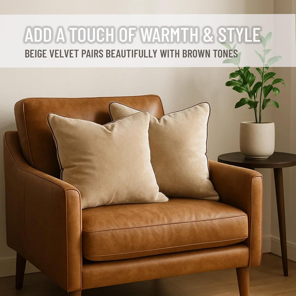 2 Pack Velvet Decorative Throw Pillow Covers, 20"x20", Beige and Brown, Solid, Modern, Contrast Piping, Indoor Use, Bedroom & Living Room