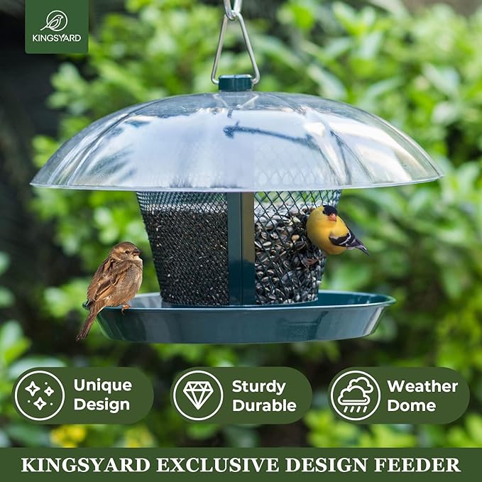 Kingsyard Bird Feeder for Outside, Dual-Use Metal Mesh Wild Bird Feeder with Weatherproof Dome Dual, 2.5 lbs Seed Capacity for Finch Cardinal