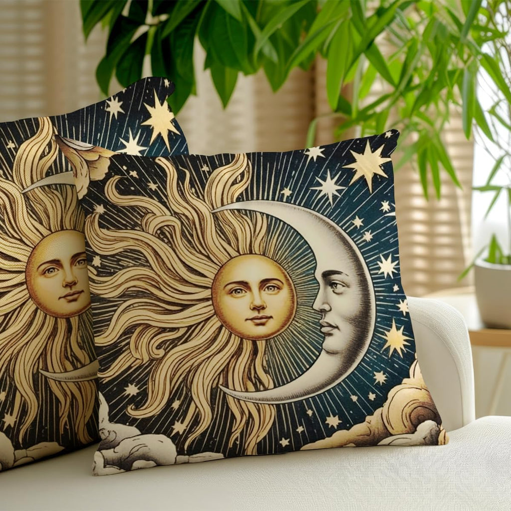 2 Pcs Celestial Sun and Moon Linen Throw Pillow Covers, Elegant Sun and Moon Square Pillowcases Cushion Cover for Women Friend Sister Coworker Birthday Christmas Mothers Day Friendship Gifts