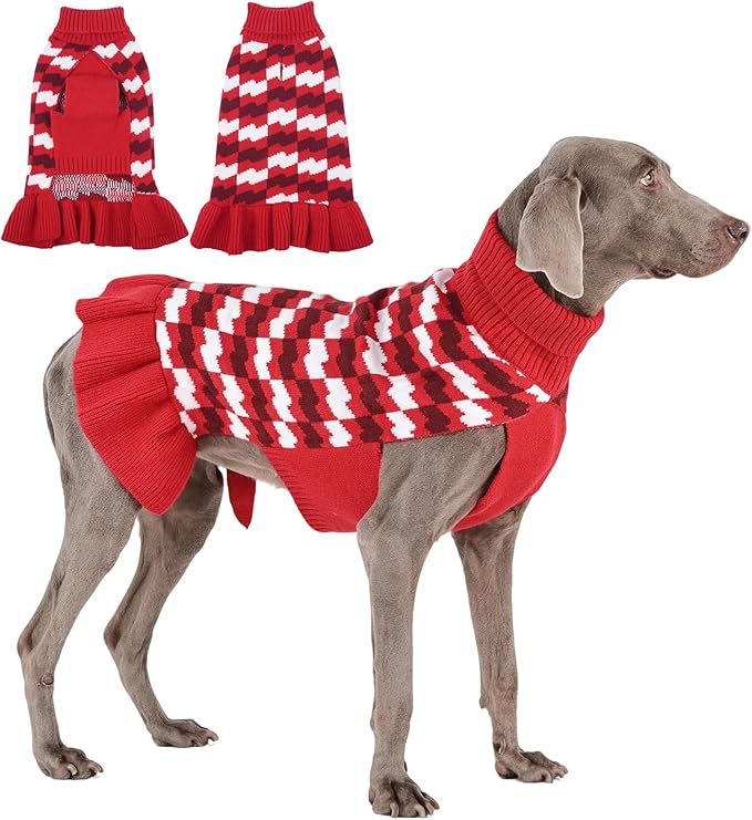Dog Sweaters for Extra Large Dogs Girl, Dog Sweater Dress with Leash Hole, Thick Turtleneck Knitwear for Female Dogs, Warm Fall Winter Dress for Cold Weather, Holiday - Red XXXXL