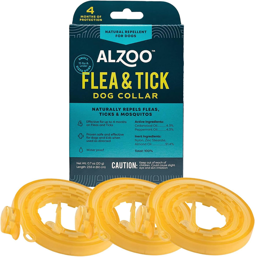 ALZOO Flea & Tick Dog Collar - Helps Repel Fleas, Ticks & Mosquitoes - 100% Plant-Based Active Ingredients - Waterproof - Up to 4 Months Protection - Small-Sized Dogs: 15 lbs & Under - Pack of 3