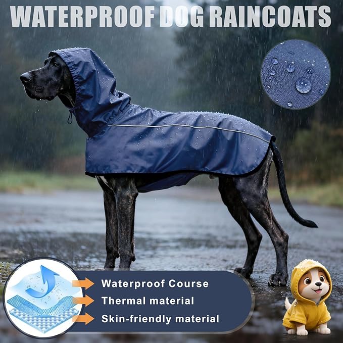 Mosucoirl Dog Raincoat Jacket Reflective Adjustable Hooded Pet Poncho Rain Coats with Leash Hole Waterproof Clothes for Small Medium Large Dogs (NavyBlue, XL)