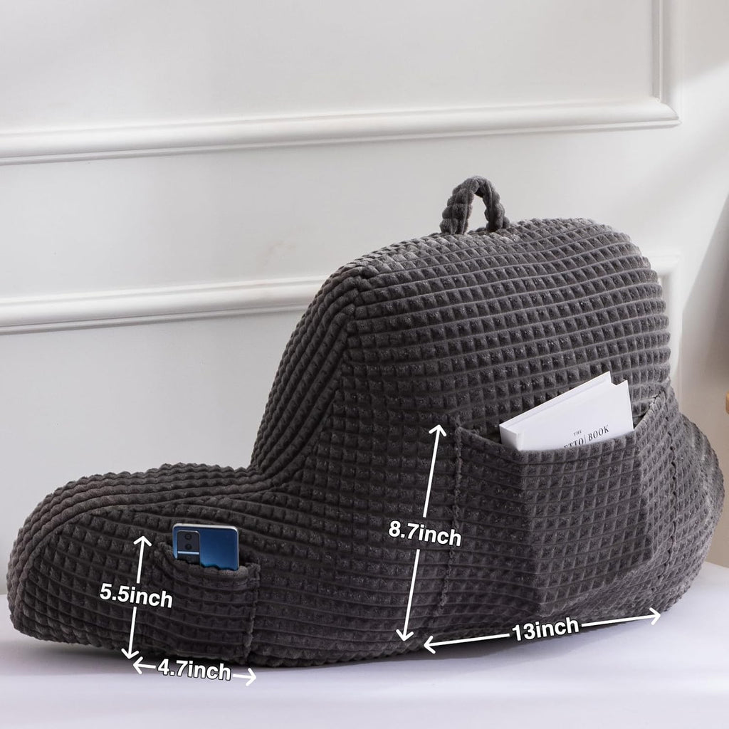 A Nice Night Reading Pillow Bed Wedge Large Adult Children Backrest with Arms Back Support for Sitting Up in Bed/Couch for Lounging Bedrest,Waffle Stereoscopic Design,Darkgrey