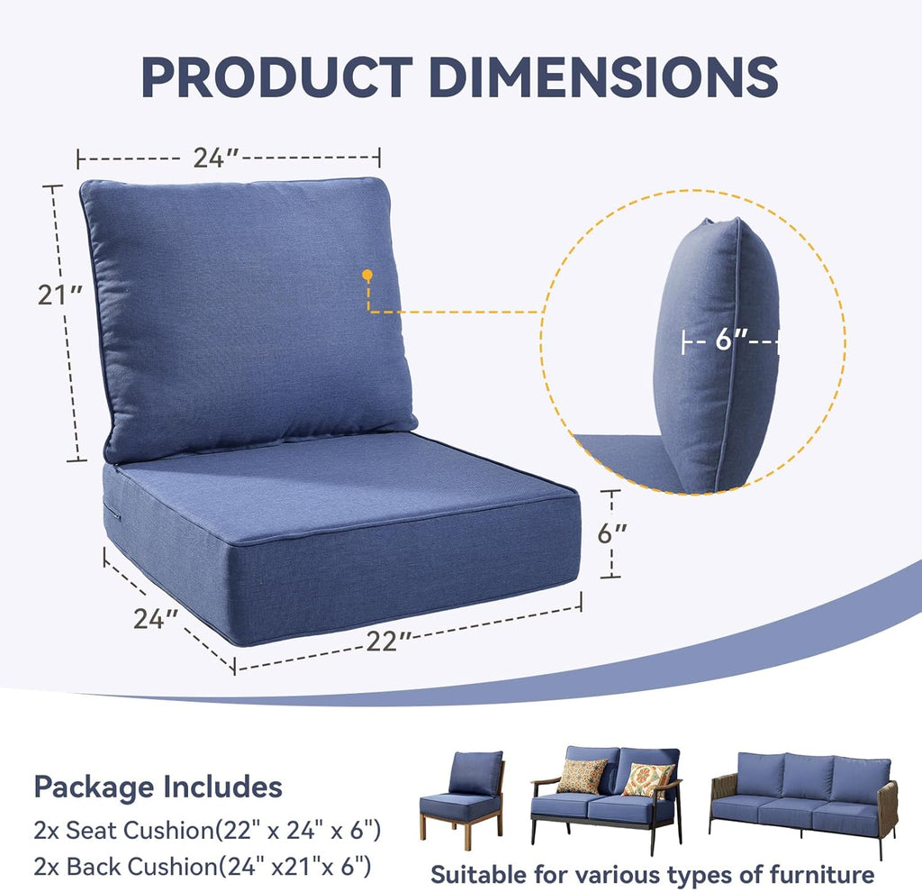 Outdoor Cushion Set for Furniture Patio Furniture, UV Resistant, Water Resistant - 6 Inch Thick Foam Garden Cushions– 22x24 Inch Patio Seat Covers for Chair/Sofa/Couch | Blue | 2-Pack |
