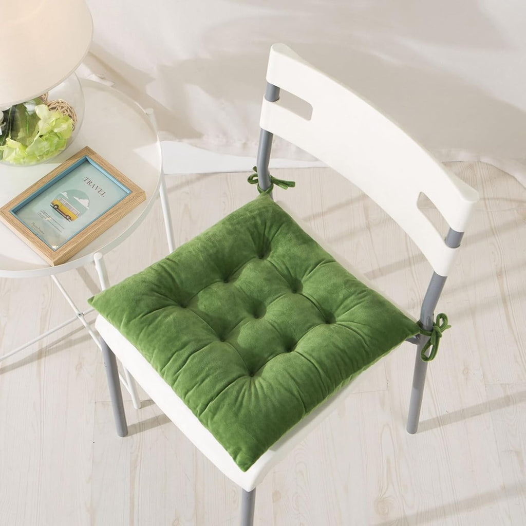 6 Pack Square Seat Cushion Chair Pads for Kitchen Dining Chairs, Soft Comfort Velvet Chair Mat Pillow Cushions with Ties for Office Desk Living Room Tatami 15.5", Green