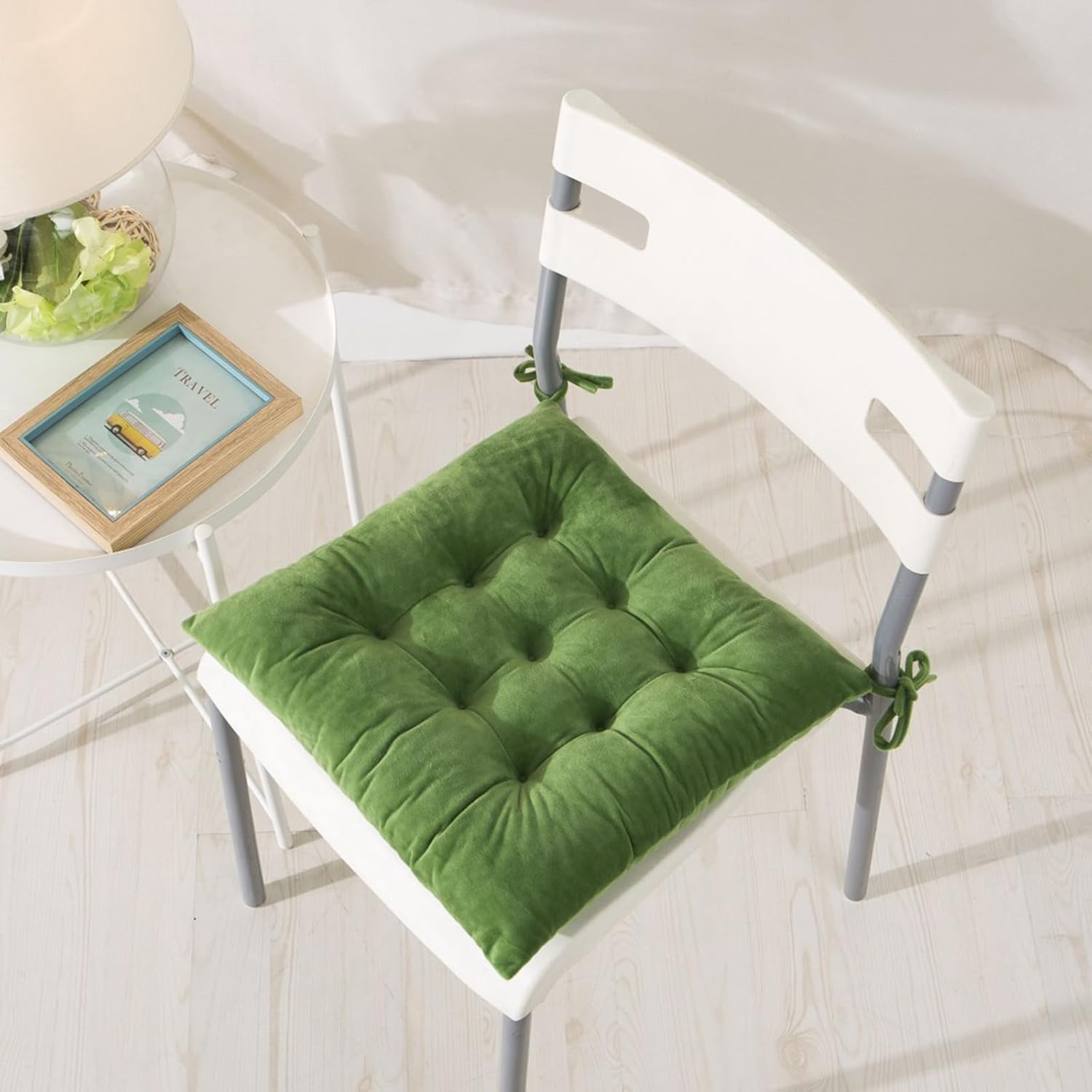 6 Pack Square Seat Cushion Chair Pads for Kitchen Dining Chairs, Soft Comfort Velvet Chair Mat Pillow Cushions with Ties for Office Desk Living Room Tatami 15.5", Green