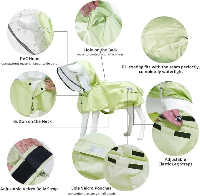 Waterproof Dog Raincoat, Adjustable Reflective Lightweight Pet Rain Clothes with Poncho Hood(X-Small,Light Green)