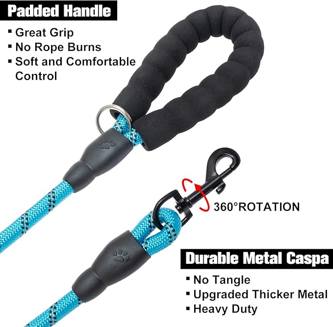 BEAUTYZOO Heavy Duty Rope Dog Leash 6 Pack, 6FT Nylon Pet Leash with Reflective Thread, Soft Padded Handle Thick Lead Leash for Large Medium Dogs Small Puppy,3/8inch X 5 FT (18~120 lbs)