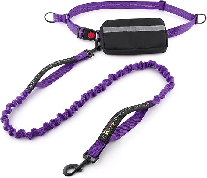 Plutus Pet Hands Free Dual Handle Retractable Bungee Leash with Reflective Stitches, Adjustable Waist for Dogs Walking, Jogging, for Medium Large Dogs