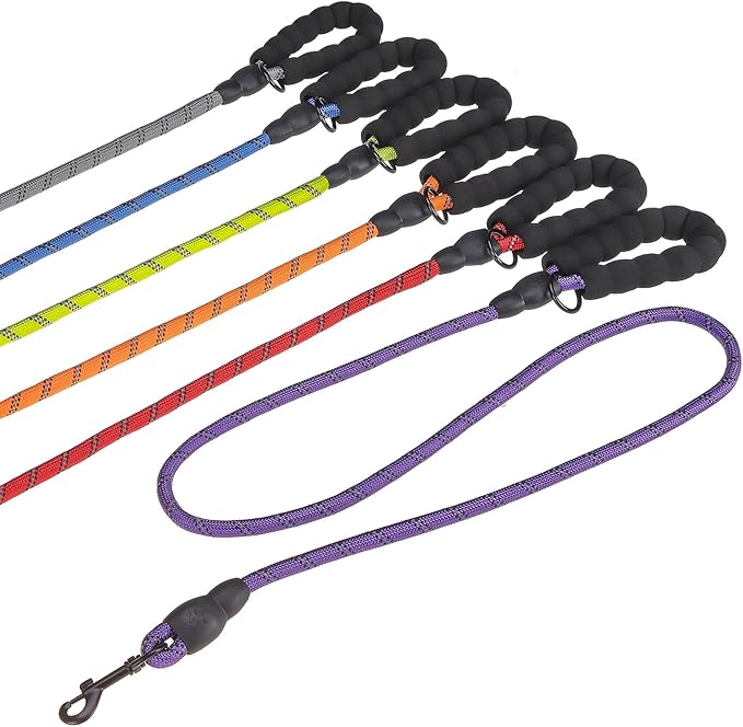 BEAUTYZOO Heavy Duty Rope Dog Leash 6 Pack, 5FT Nylon Pet Lead With Reflective Thread, Soft Padded Handle for Large Medium Dogs Small Puppy
