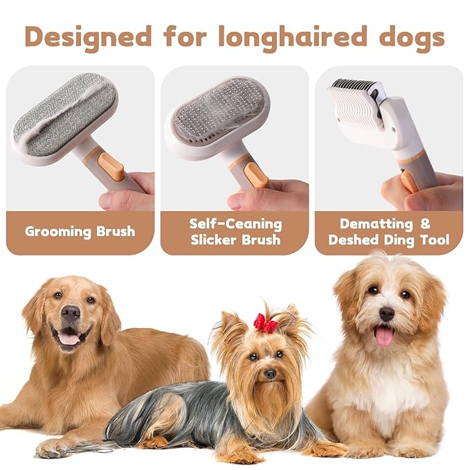 Dog Rake and Gently Removes Loose Dog Hair Brush Undercoat Mats and Tangled - Deshedding Grooming Tool for Dogs & Cats - Self Cleaning Slicker Brush - All Hair Types